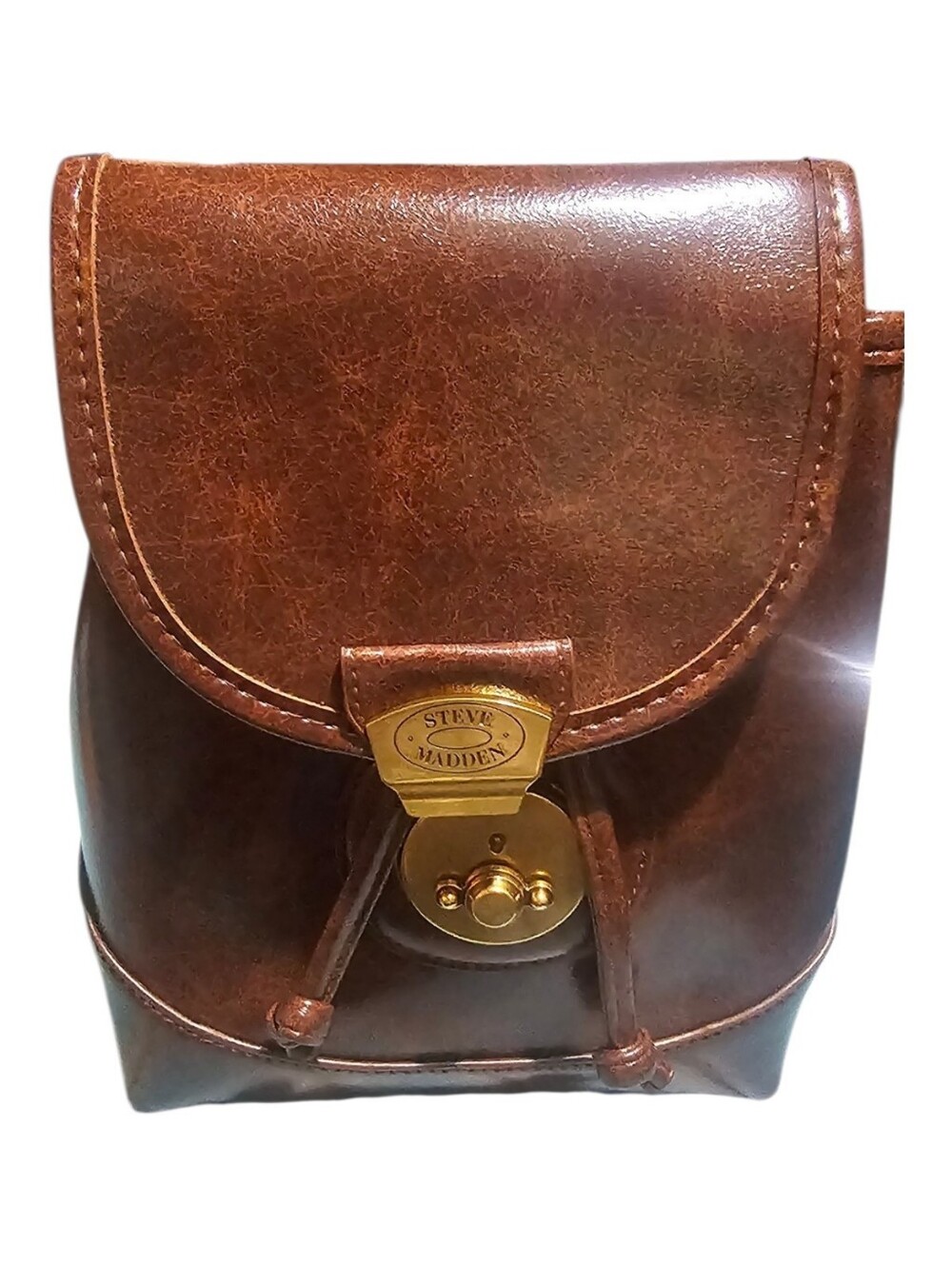 Steve Madden Brown Leather Backpack with Gold-Tone Hardware
